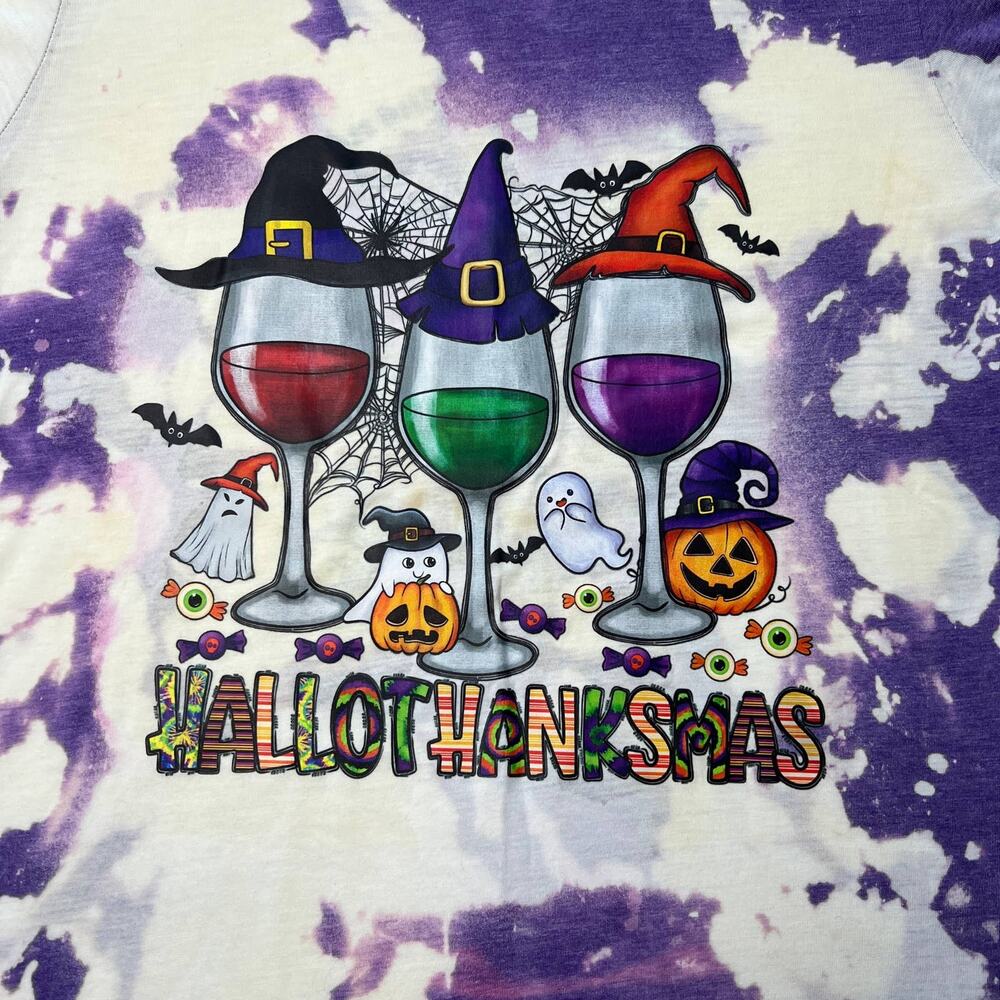 Hallothanksmas Witches Wine Glass Bleached Purple Tee XL